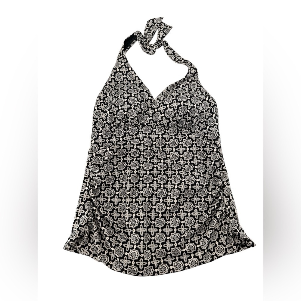 LL Bean Women’s Tankini Top Size 10 Black White Scallop Print Halter Tie Neck
